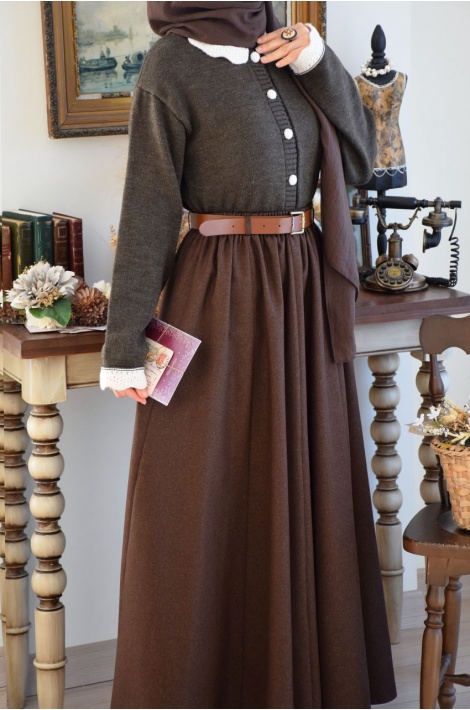 Kalın Kemerli Parçalı Yün Etek Kahverengi