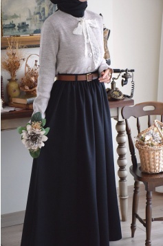 Kalın Kemerli Parçalı Yün Etek Siyah