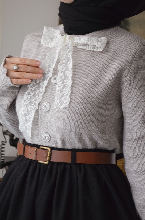 Kalın Kemerli Parçalı Yün Etek Siyah