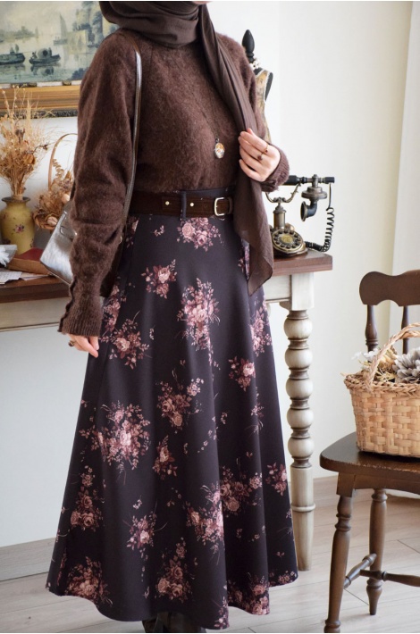 Çiçekli ve Kemerli Krep Etek