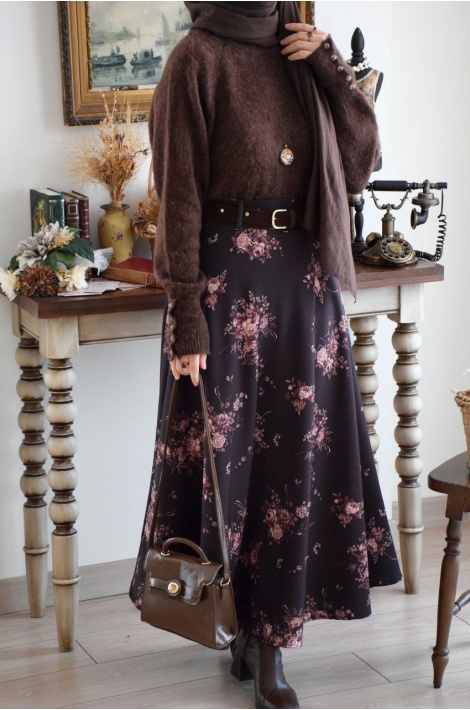 Çiçekli ve Kemerli Krep Etek