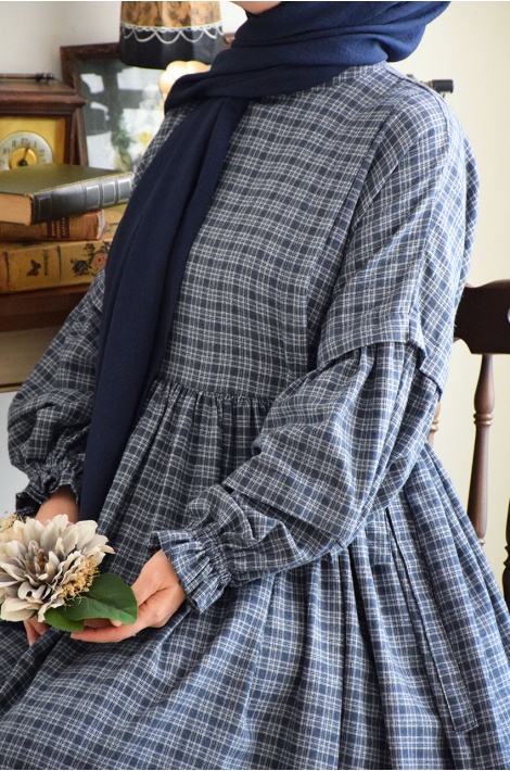 Pötikareli Yandan Bağcıklı Elbise Mavi