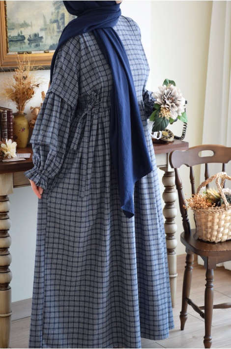 Pötikareli Yandan Bağcıklı Elbise Mavi