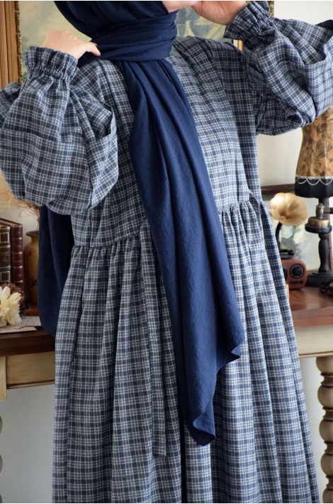 Pötikareli Yandan Bağcıklı Elbise Mavi