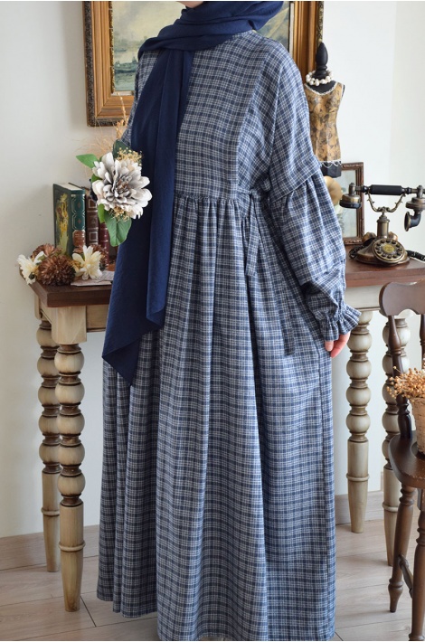 Pötikareli Yandan Bağcıklı Elbise Mavi