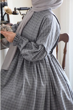 Pötikareli Yandan Bağcıklı Elbise Gri