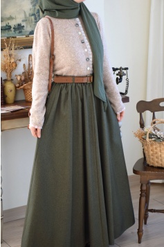 Kalın Kemerli Parçalı Yün Etek Yeşil