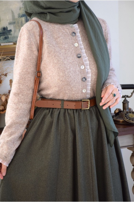 Kalın Kemerli Parçalı Yün Etek Yeşil