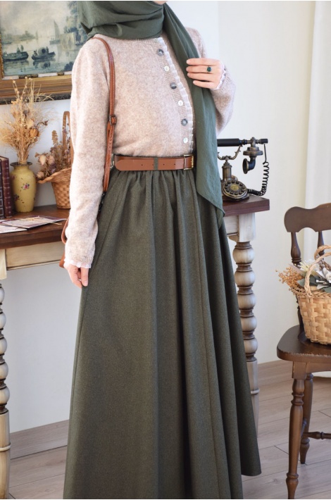 Kalın Kemerli Parçalı Yün Etek Yeşil