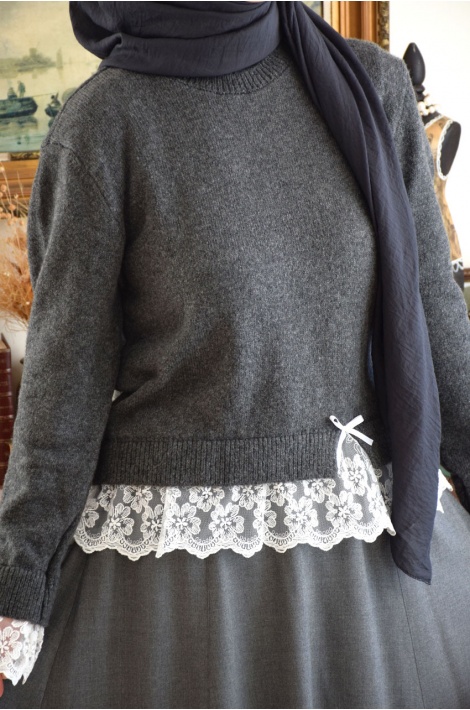 Güpürlü Yumuşacık Kazak Koyu Gri