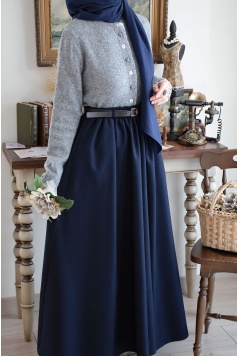 Kemerli Yün Etek Lacivert