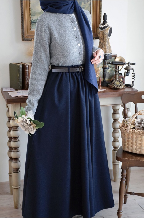 Kemerli Yün Etek Lacivert