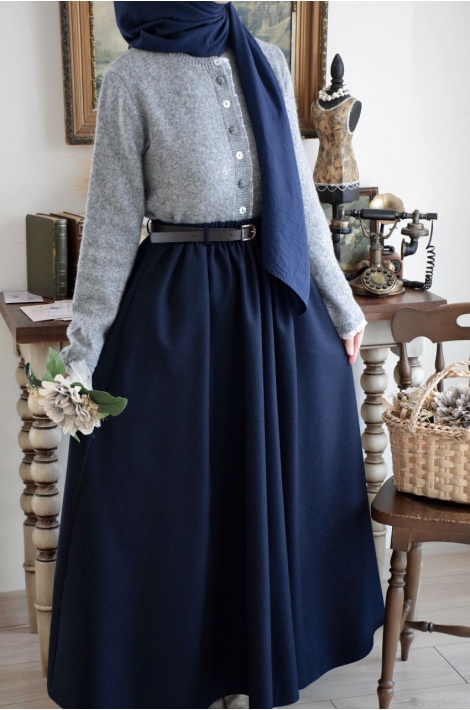 Kemerli Yün Etek Lacivert