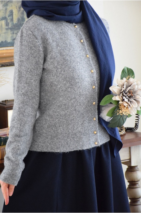 Minik Gold Düğmeli Yünlü Hırka Gri