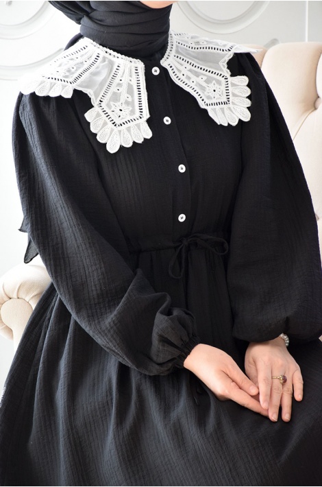 Dantel Yaka Elbise Siyah