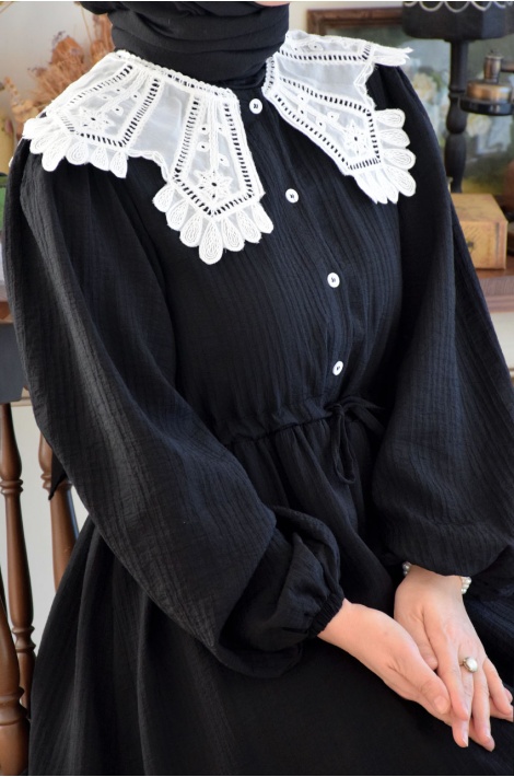 Dantel Yaka Elbise Siyah