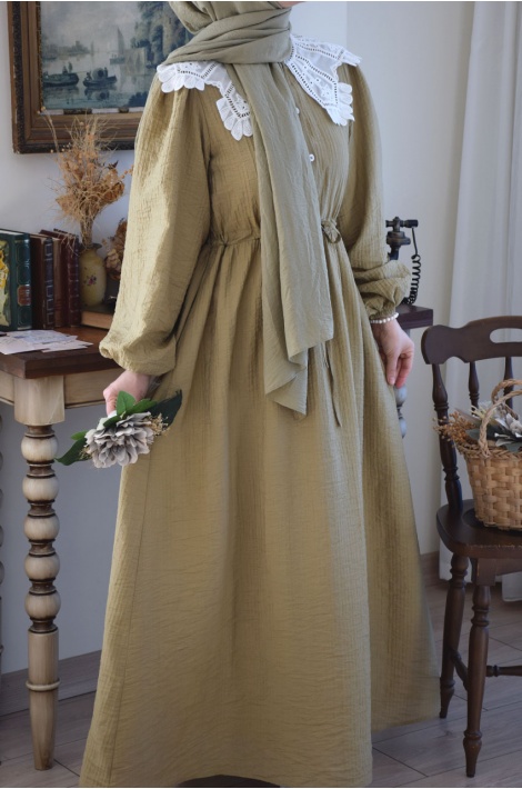 Dantel Yaka Elbise Yağ Yeşili