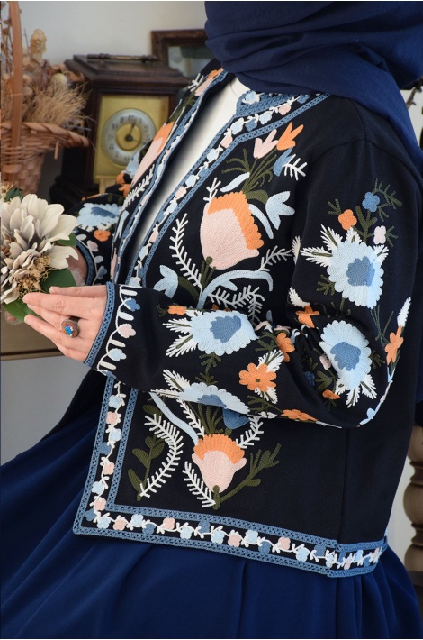 Otantik Nakışlı Ceket Lacivert