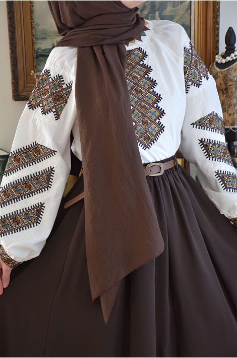 Kemerli Parçalı Etek Kahverengi