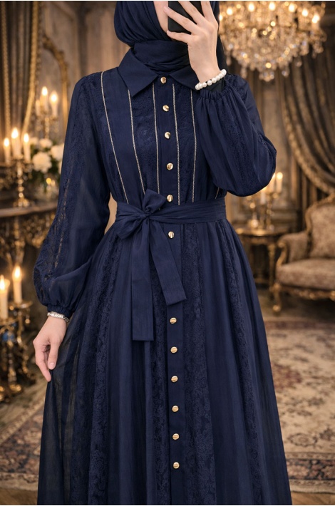 Şeritli Abiye Lacivert