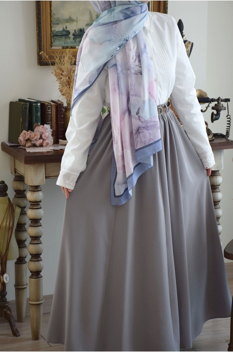 Kemerli Parçalı Etek Gri