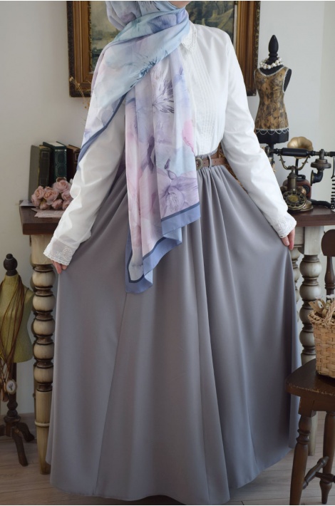 Kemerli Parçalı Etek Gri