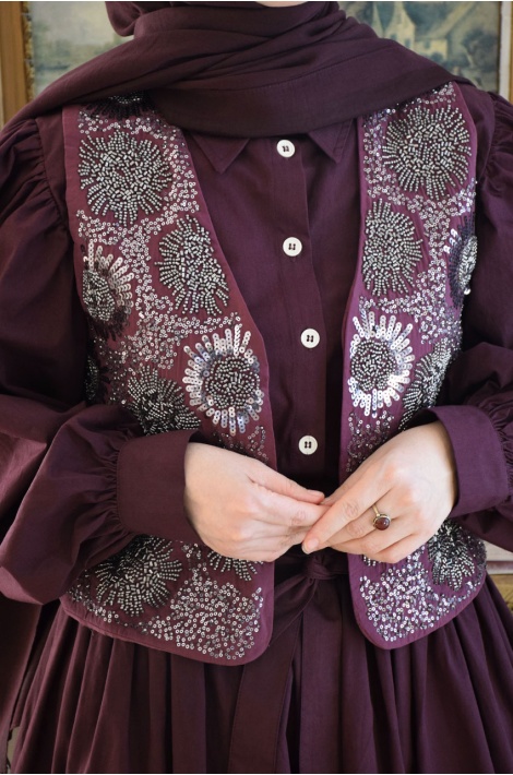 Boncuk İşlemeli Yelek Bordo