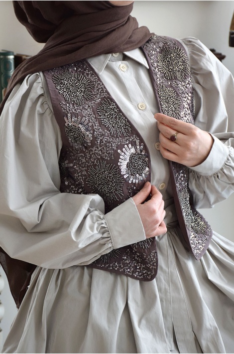 Boncuk İşlemeli Yelek Kahverengi