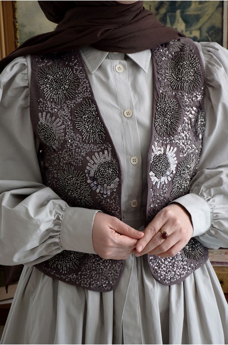 Boncuk İşlemeli Yelek Kahverengi