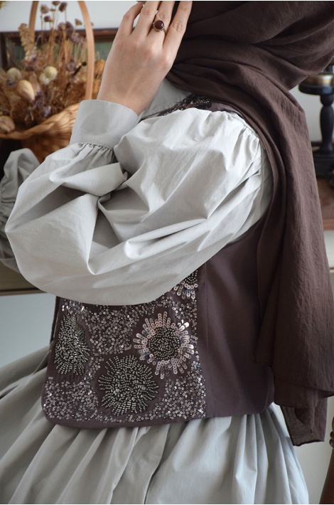 Boncuk İşlemeli Yelek Kahverengi