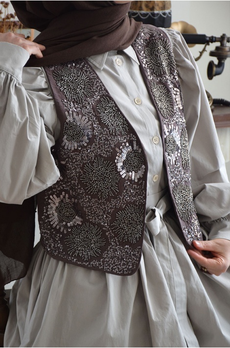 Boncuk İşlemeli Yelek Kahverengi