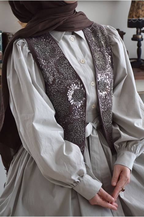 Boncuk İşlemeli Yelek Kahverengi