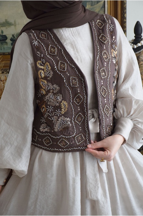 Boncuk İşlemeli Otantik Yelek Kahverengi