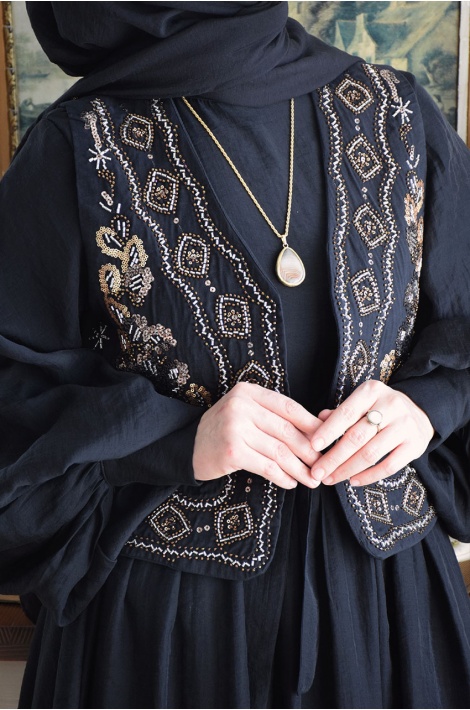 Boncuk İşlemeli Yelek Siyah