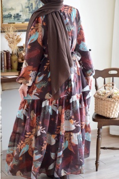 Renkli Çiçek Elbise Kahverengi