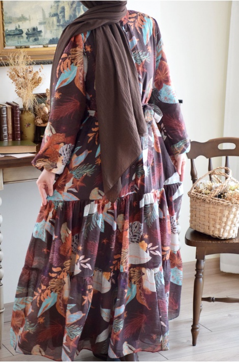 Renkli Çiçek Elbise Kahverengi