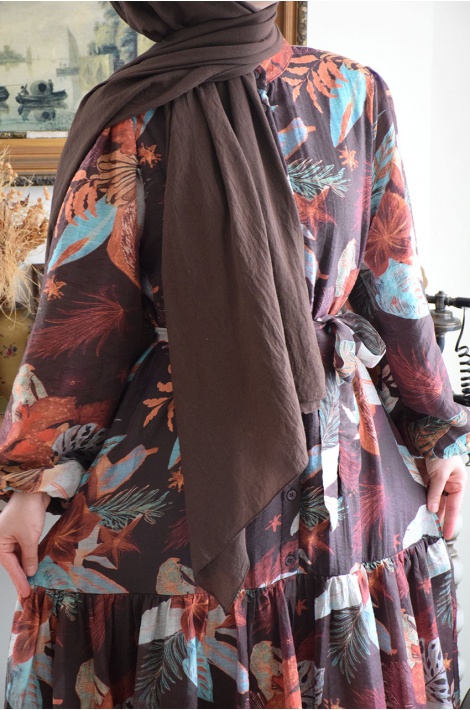 Renkli Çiçek Elbise Kahverengi