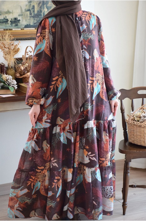 Renkli Çiçek Elbise Kahverengi