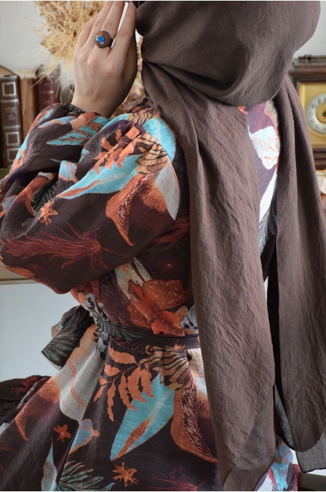 Renkli Çiçek Elbise Kahverengi