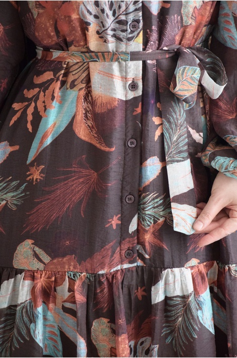 Renkli Çiçek Elbise Kahverengi