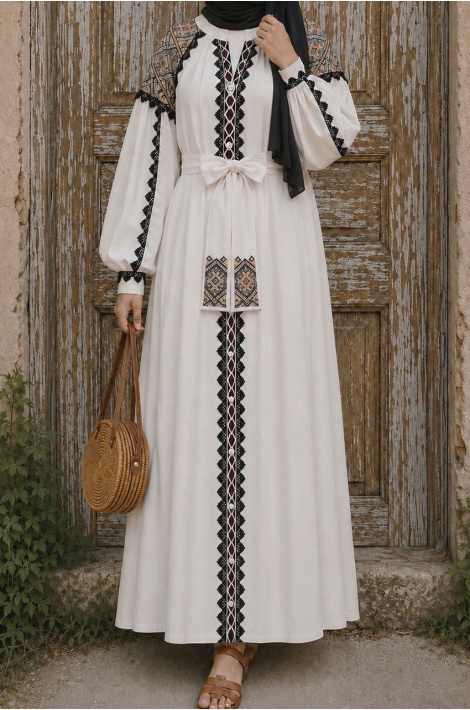 Otantik Nakışlı Beyaz Elbise