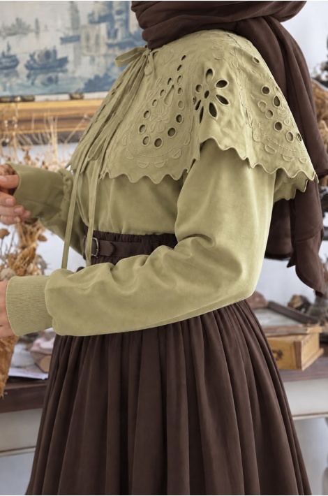 Yakalı Model Romantik Sweatshirt Yeşil
