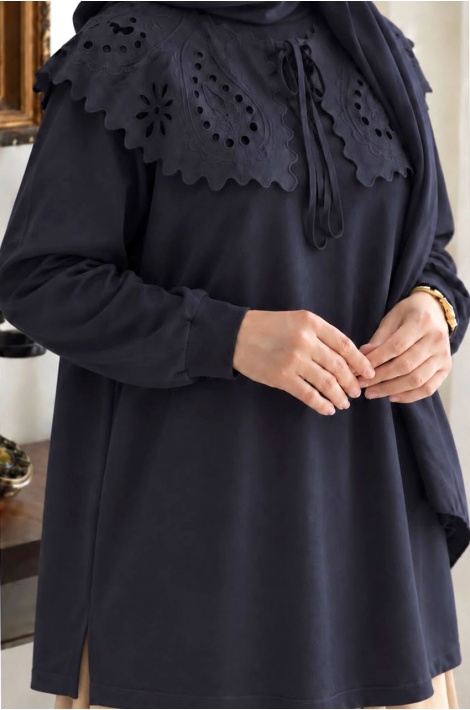 Yakalı Model Romantik Sweatshirt Lacivert