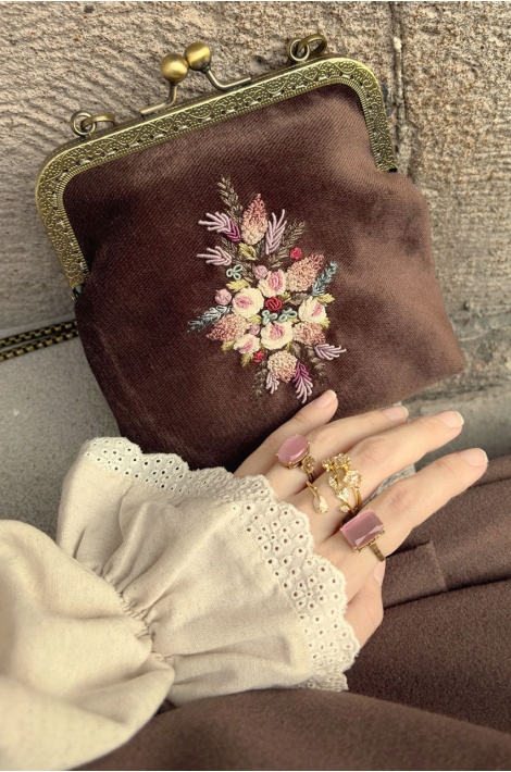 Vintage Rokoko Nakışlı El Yapımı Kahverengi Çanta