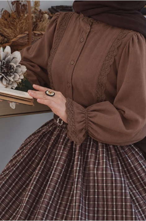 Vintage Model Keten Gömlek Kahverengi